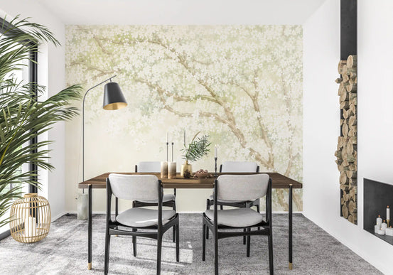 White blossom tree wall mural on a misty ground for dining room GD11550