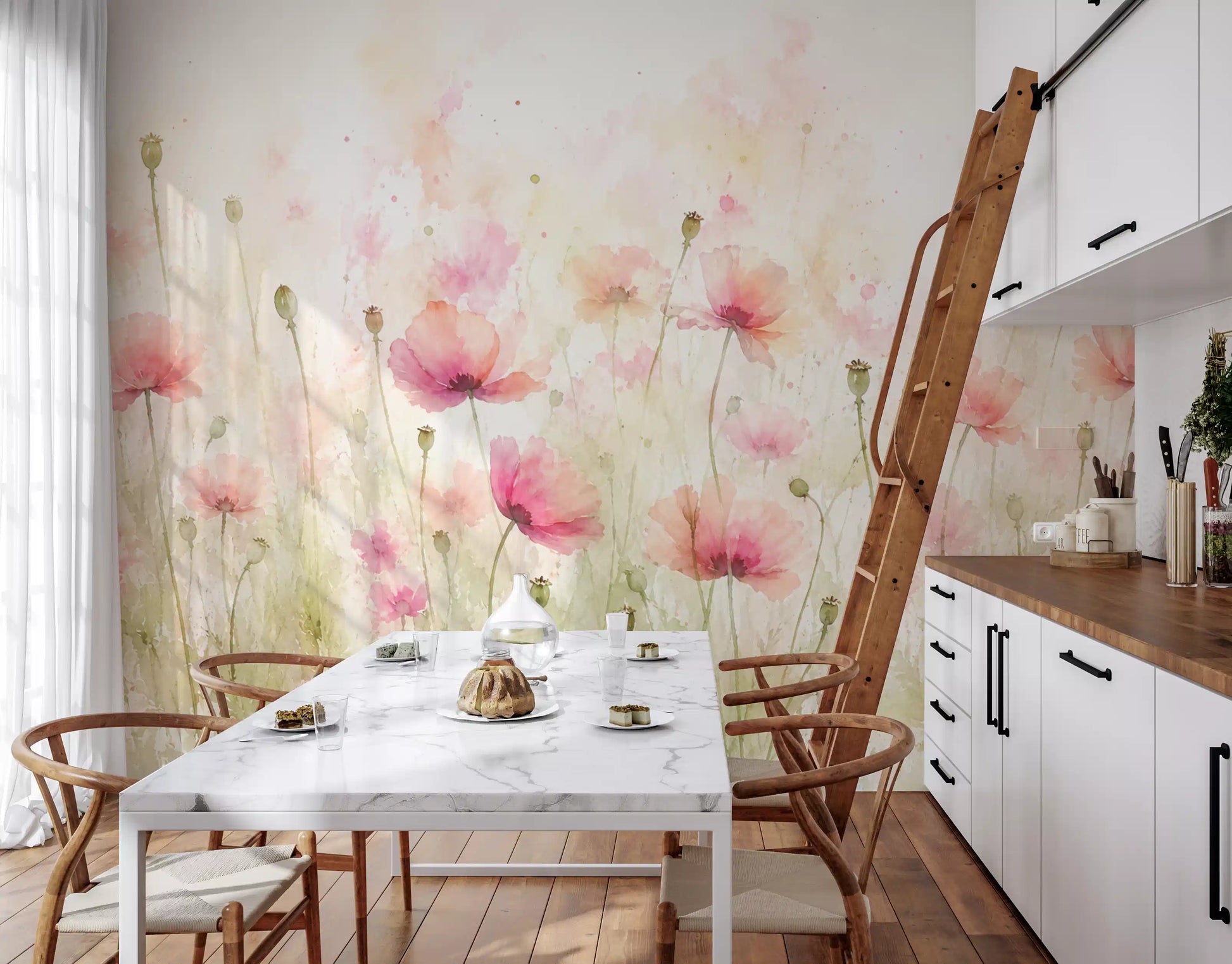 Blush Pink Meadow Wildflowers Wall Mural