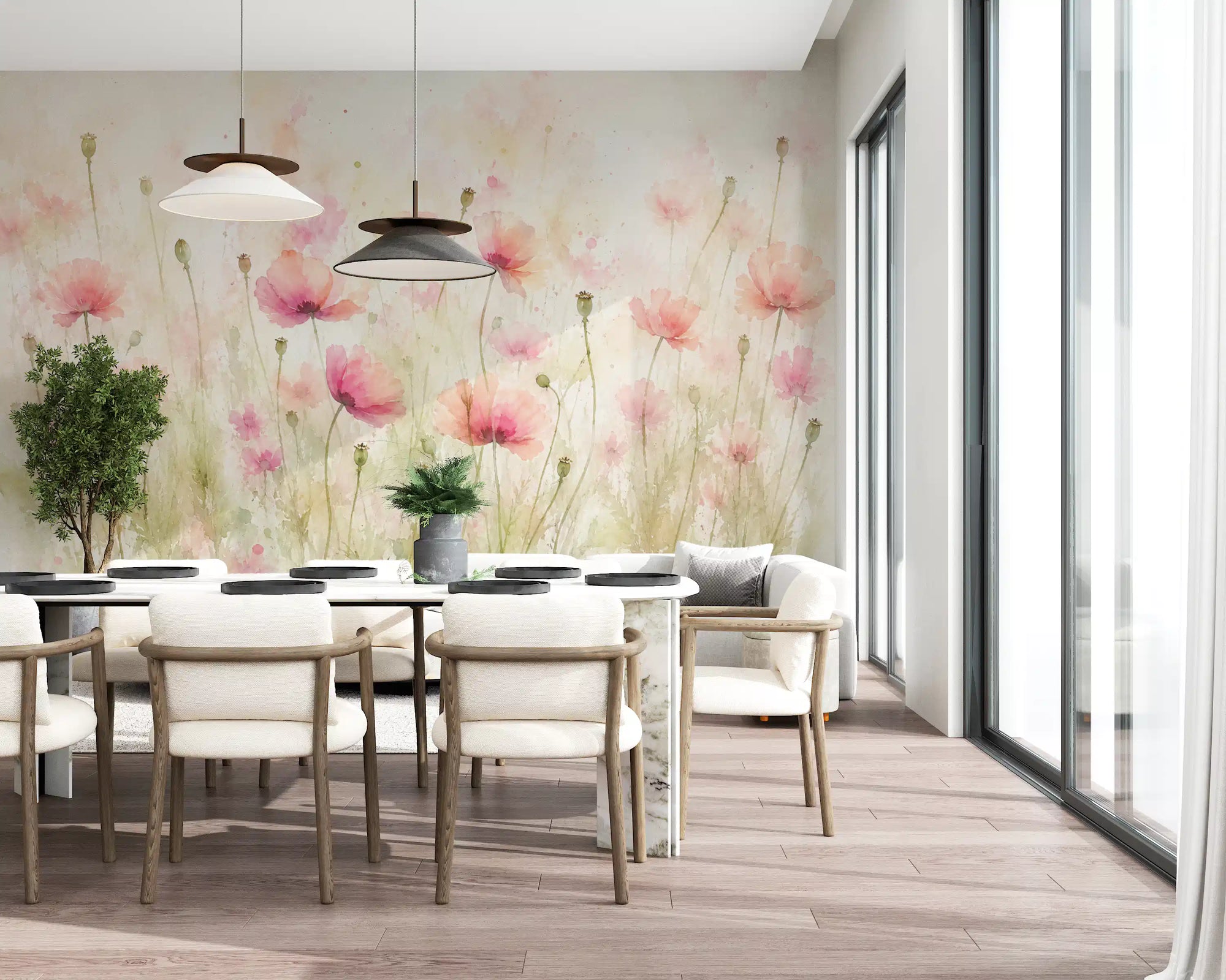 Blush Pink Meadow Wildflowers Wall Mural