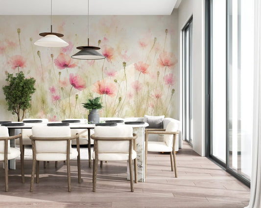 Blush pink wildflower wall mural in soft meadow tones GD11551