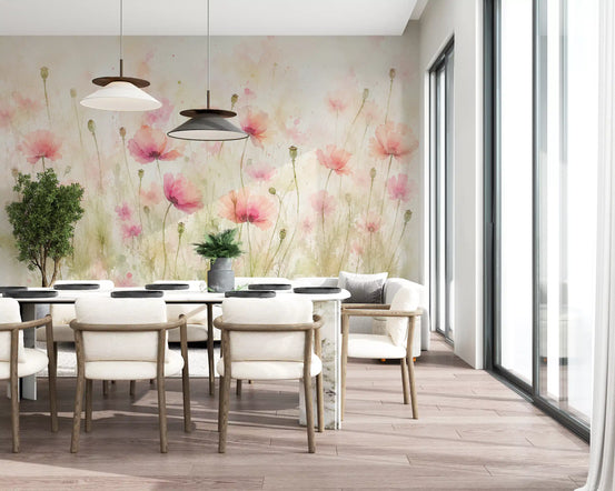 Blush pink wildflower wall mural in soft meadow tones GD11551