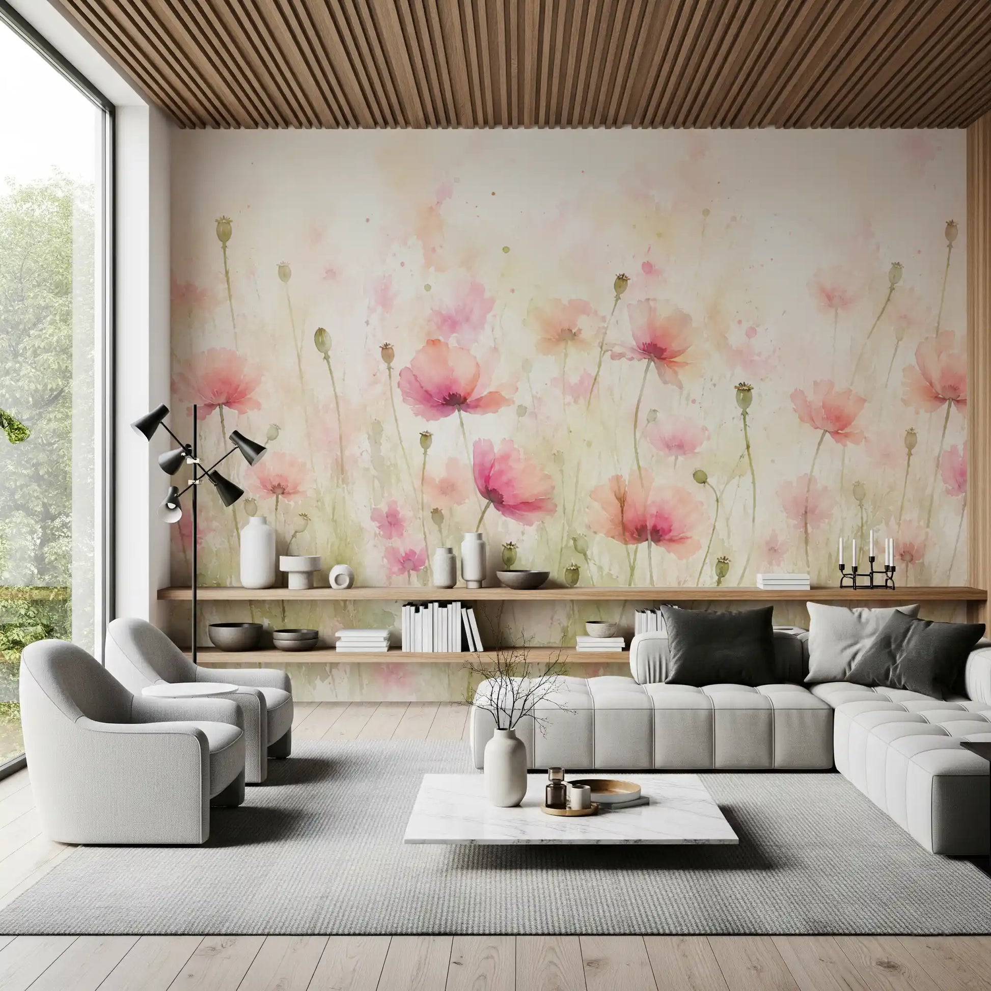 Blush Pink Meadow Wildflowers Wall Mural