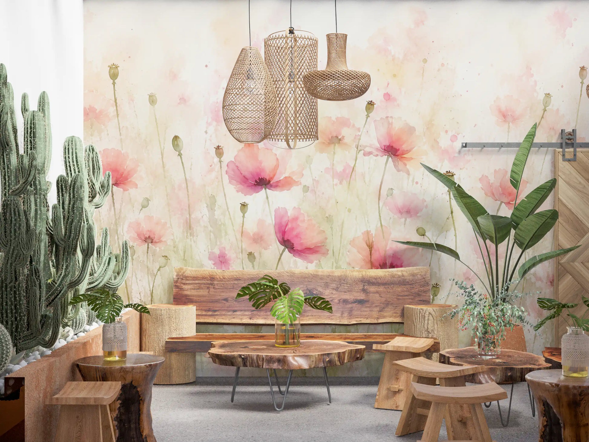 Blush Pink Meadow Wildflowers Wall Mural