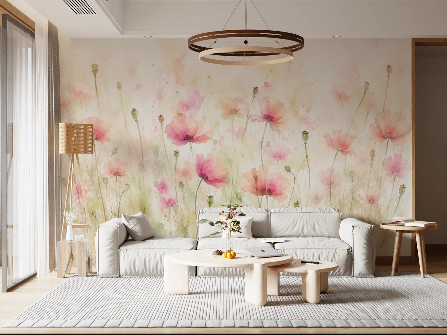Blush Pink Meadow Wildflowers Wall Mural