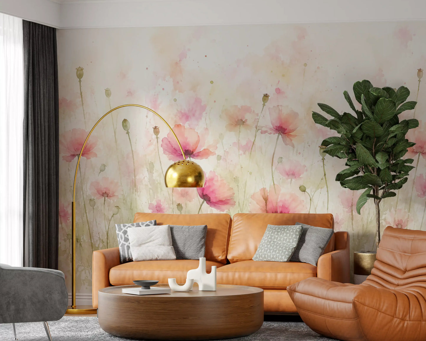 Blush Pink Meadow Wildflowers Wall Mural