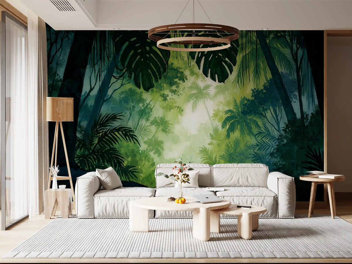 Tropical forest glade wall mural in rich green GD11552