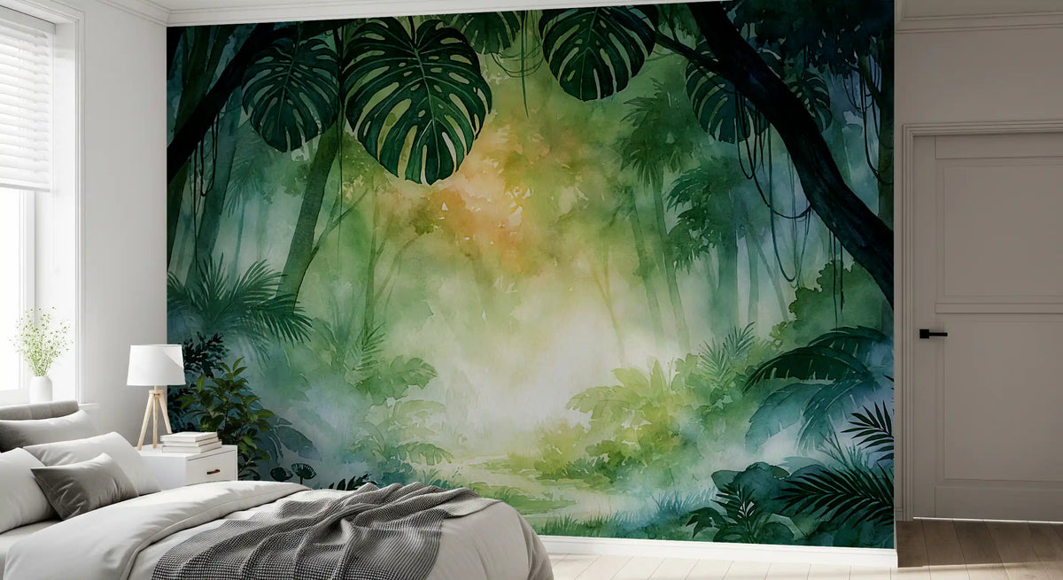 Emerald jungle wall mural with a warm sunlit glow for bedroom GD11553
