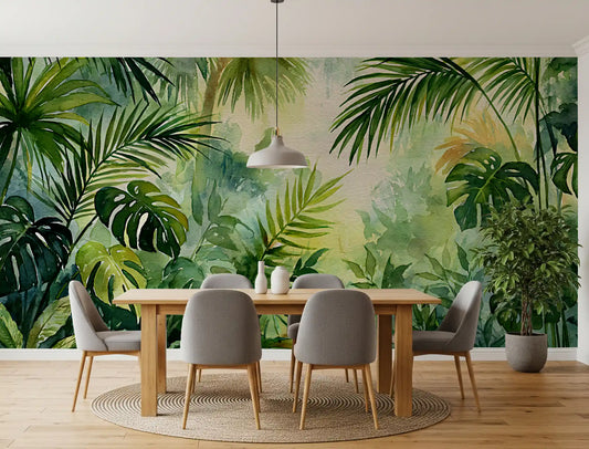 Tropical palm and monstera leaf wall mural in green GD11554