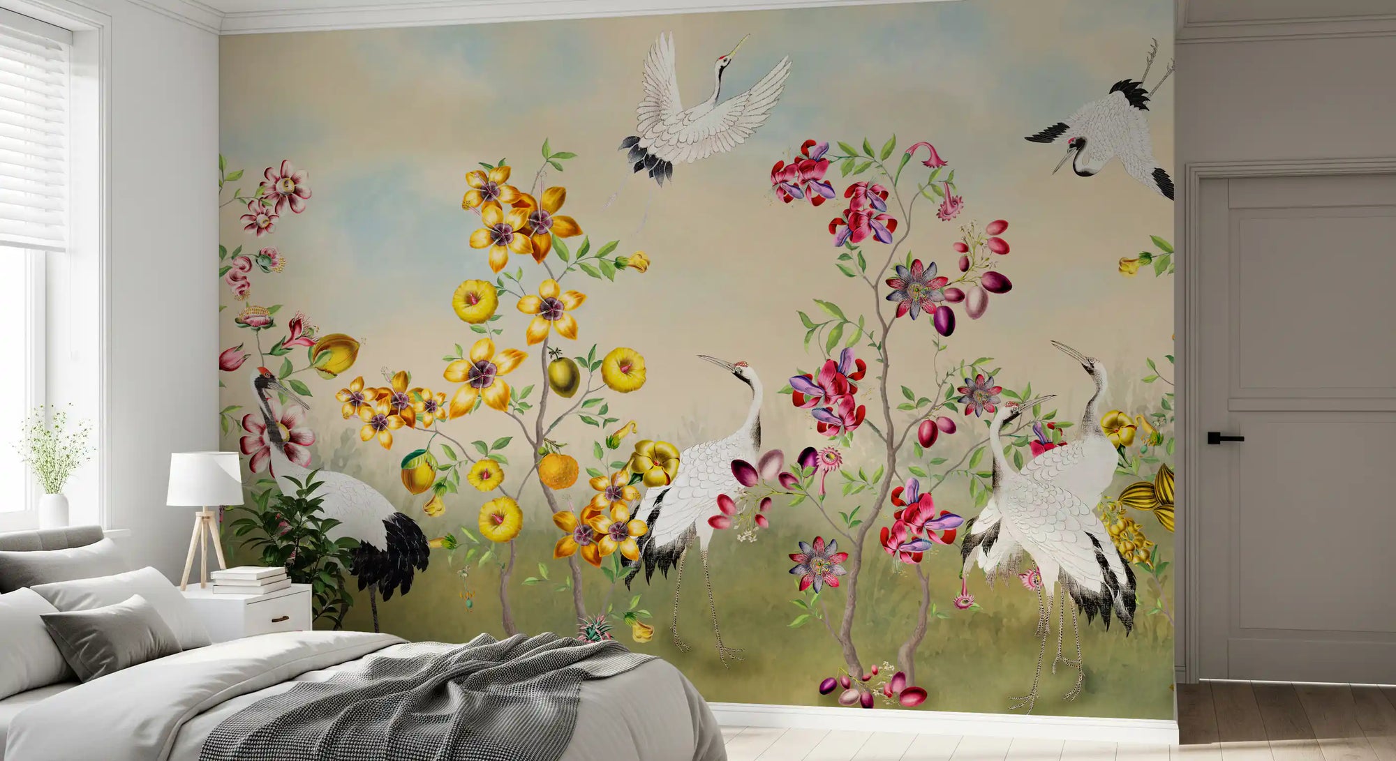White crane and golden bloom chinoiserie wall mural GD11555