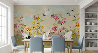 Golden bloom crane mural along a dining room wall GD11555