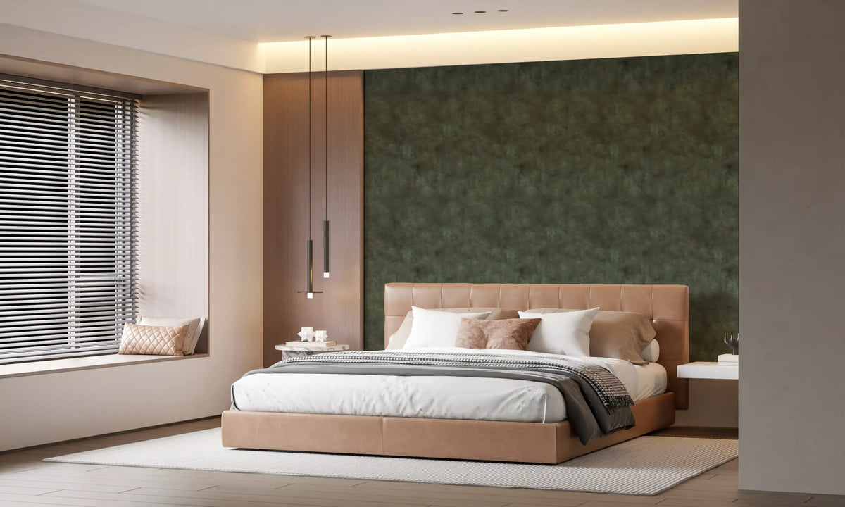 Moss wallpaper with a mottled painterly texture in deep forest green tones GD11572