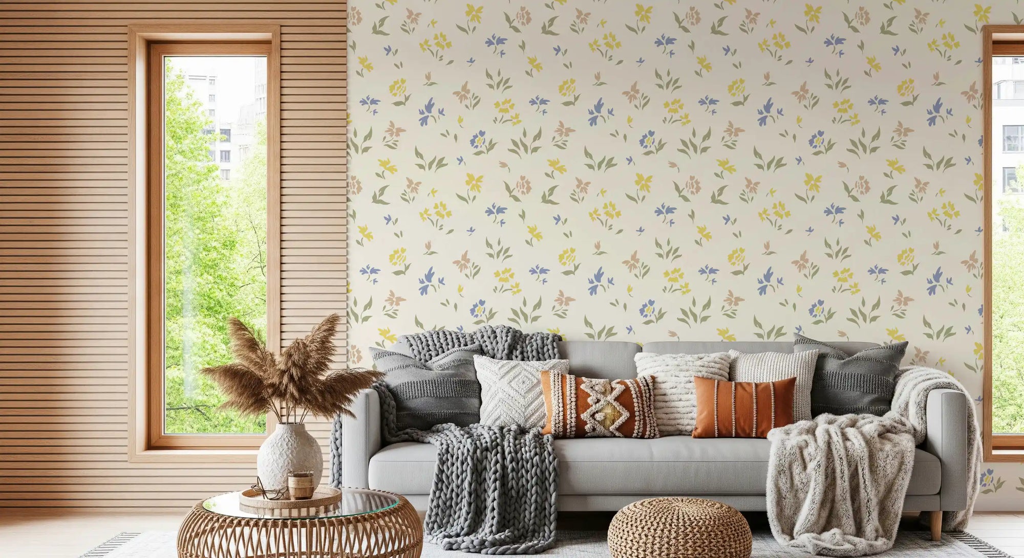 Pastel blossom floral wallpaper with scattered yellow, blue and pink flowers GD11575