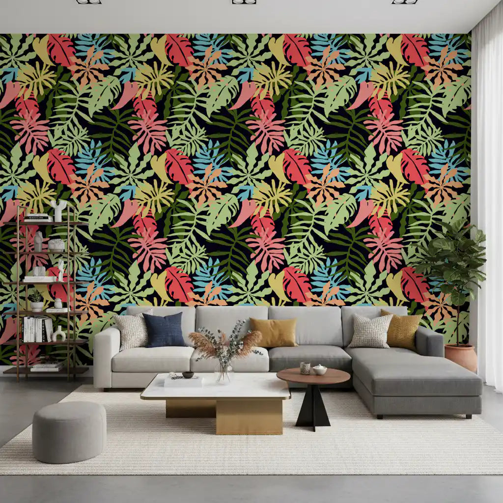 Vibrant Tropical Jungle Foliage Pattern Wallpaper⁠