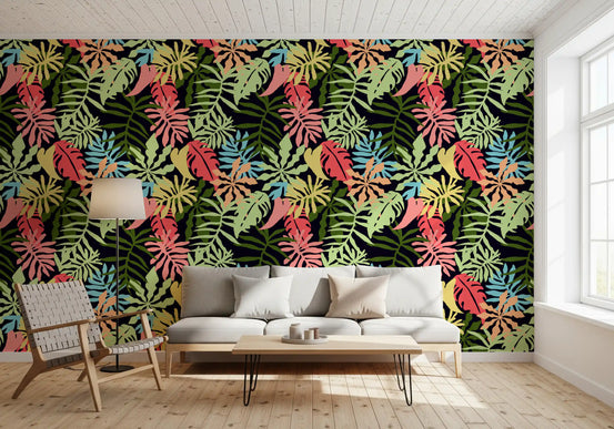 Tropical jungle foliage wallpaper with bright monstera and palm leaves in living room GD11577