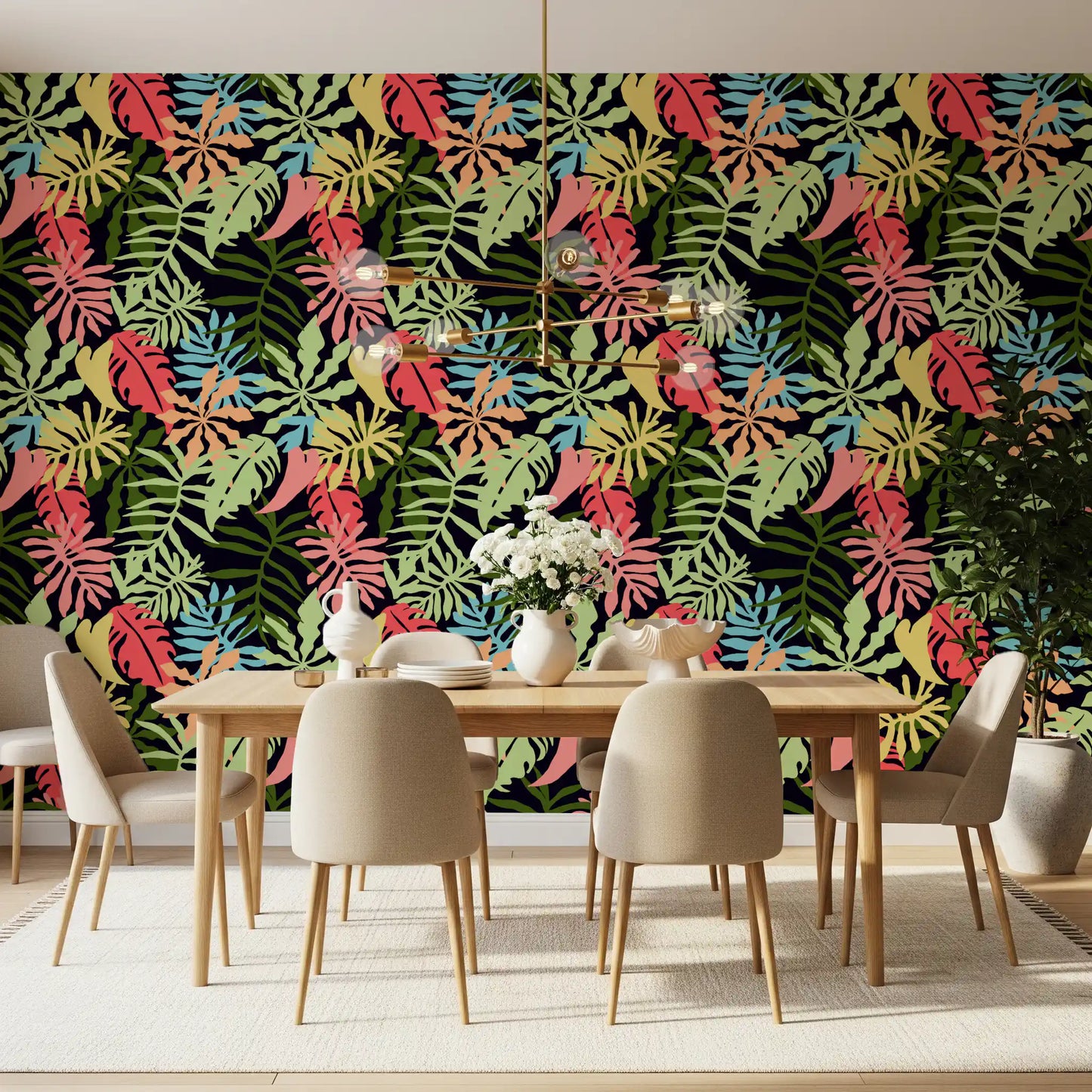 Vibrant Tropical Jungle Foliage Pattern Wallpaper⁠