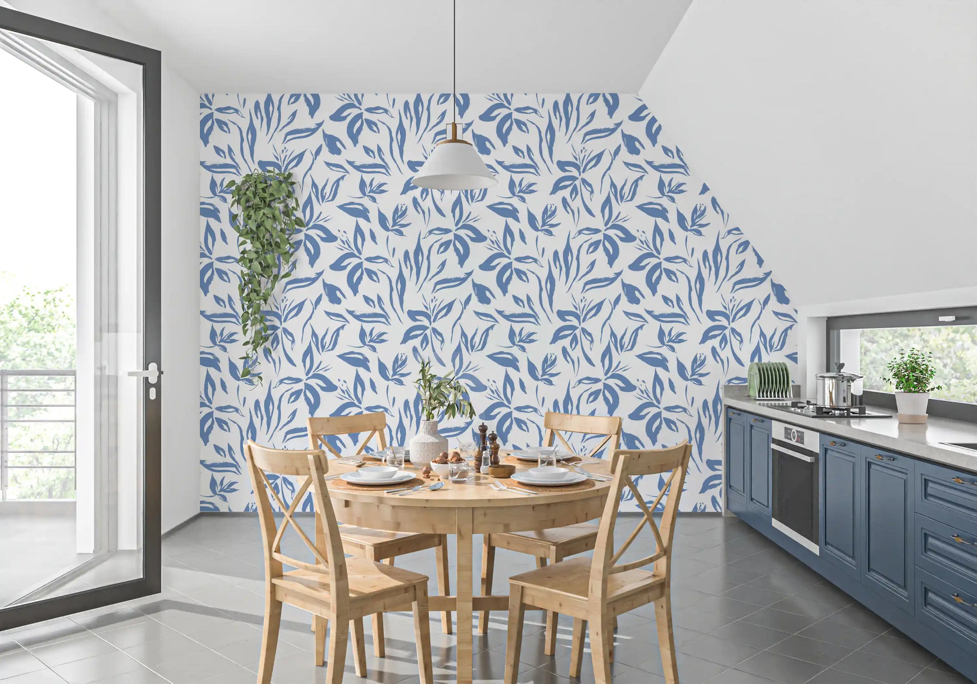 Azure Brushstroke Botanical Wallpaper⁠