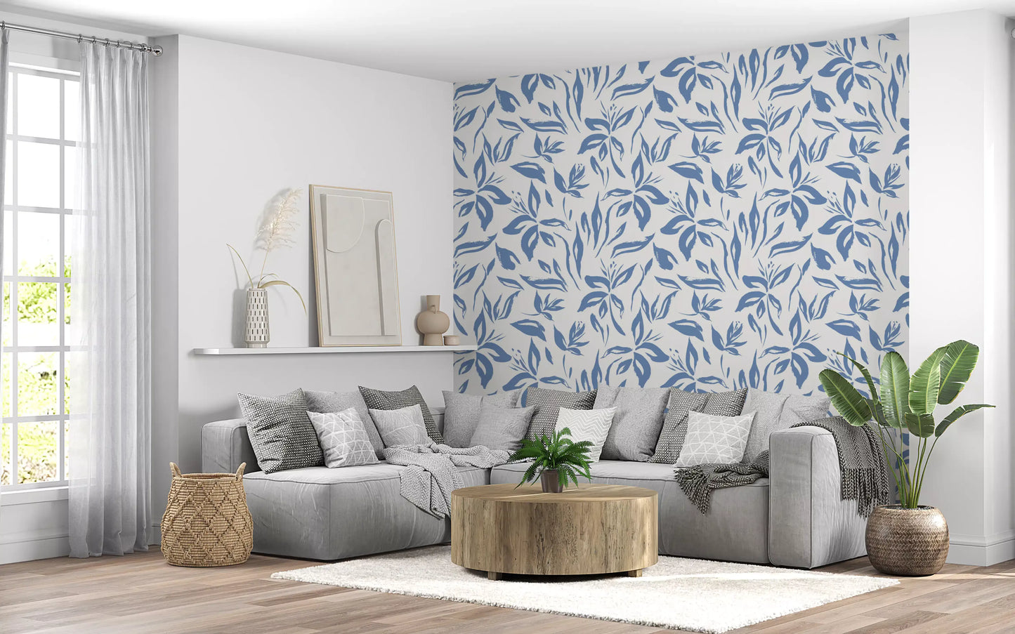Azure Brushstroke Botanical Wallpaper⁠