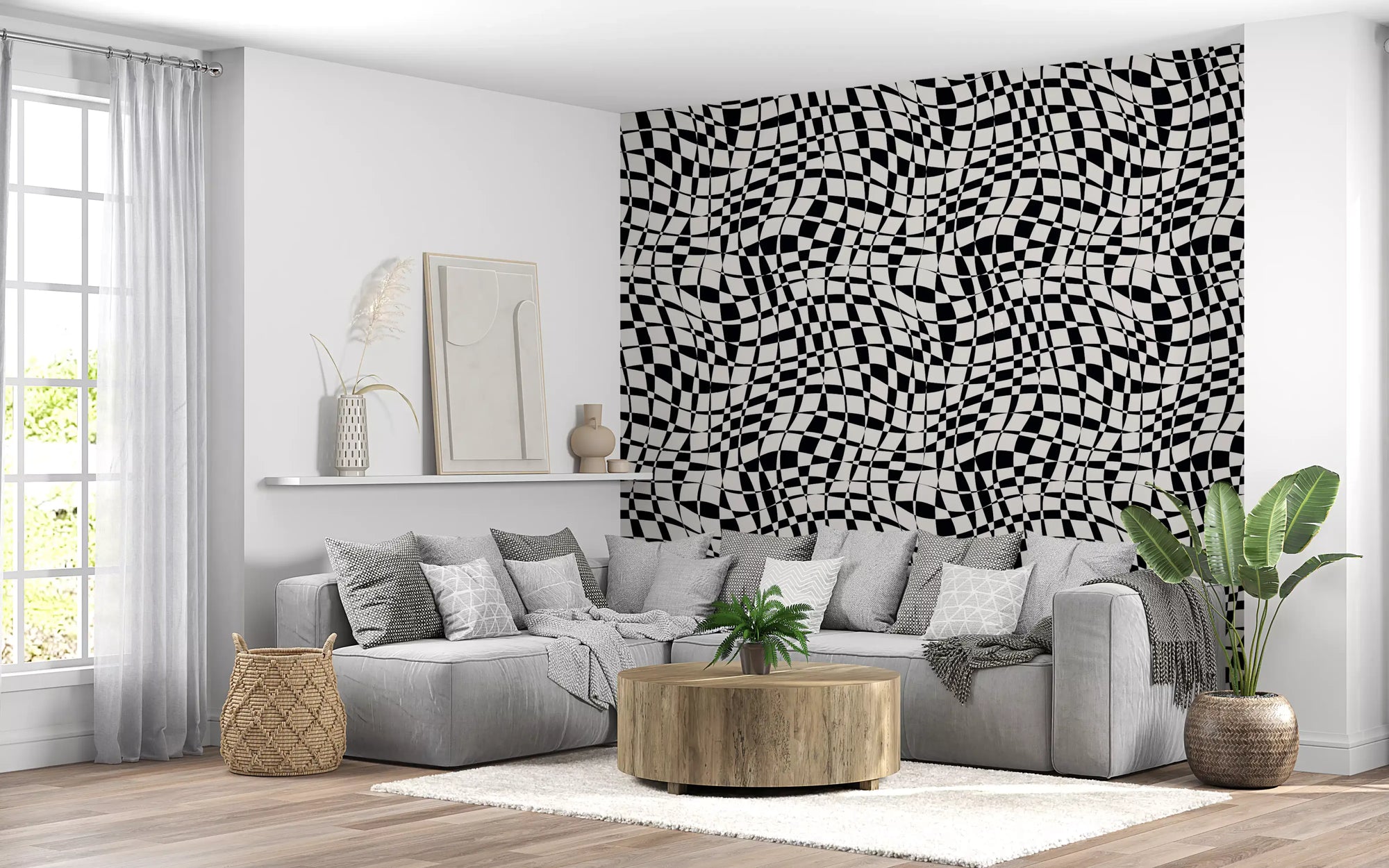 Warped monochrome checkerboard wallpaper in black and cream GD11579