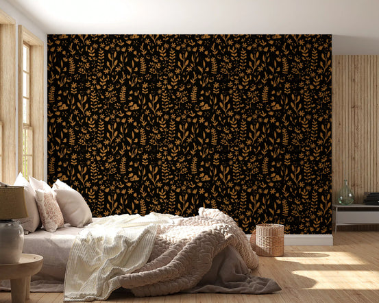 Rustic earthy botanical sketch wallpaper with rust leaves in bedroom GD11581
