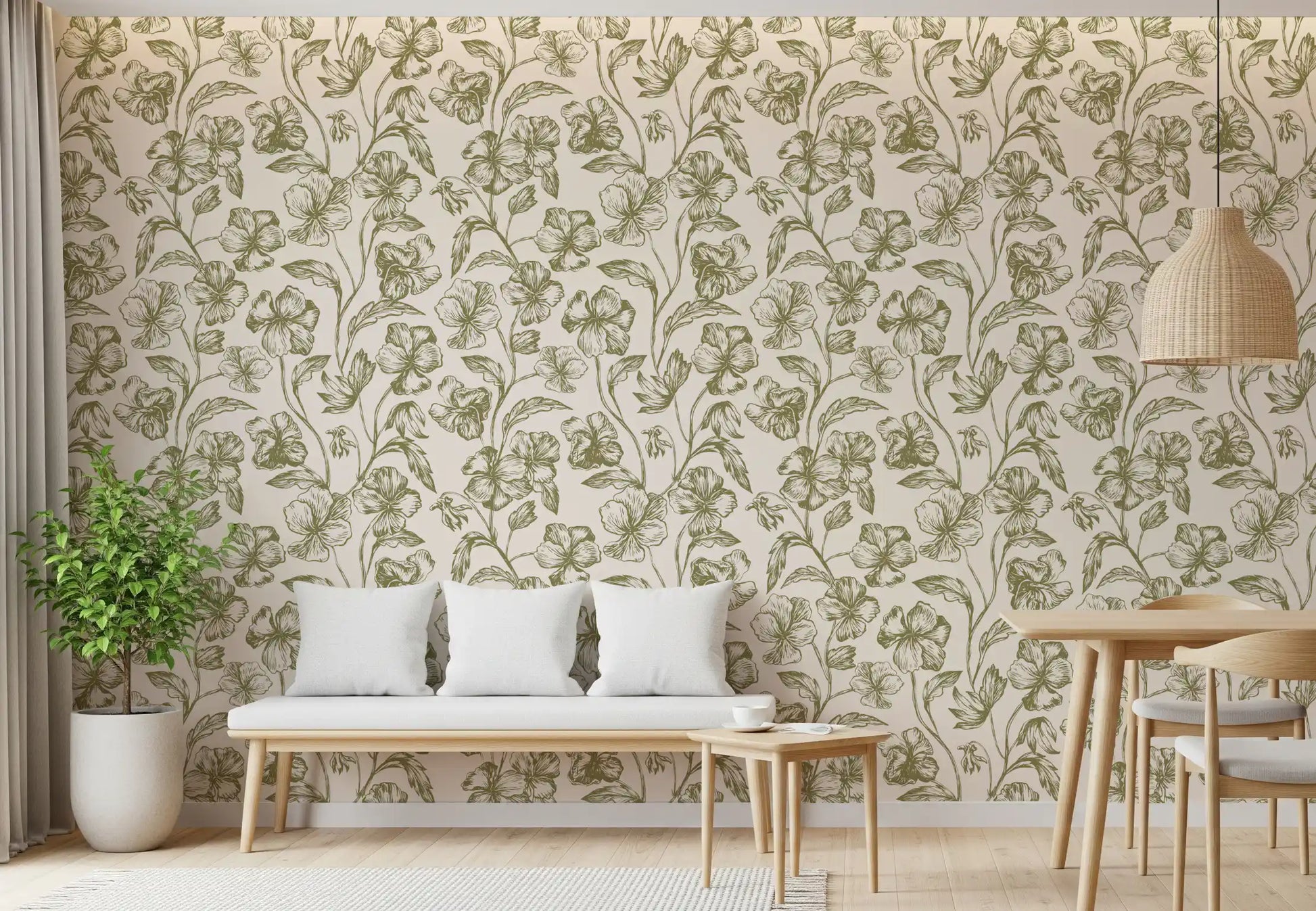 Vintage Botanical Line Art Floral Wallpaper⁠