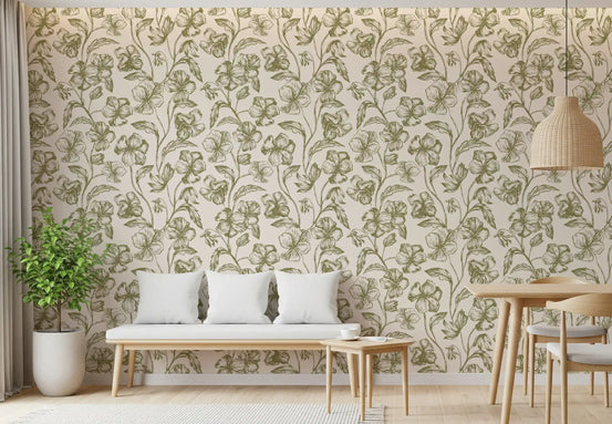 Vintage Botanical Line Art Floral Wallpaper⁠