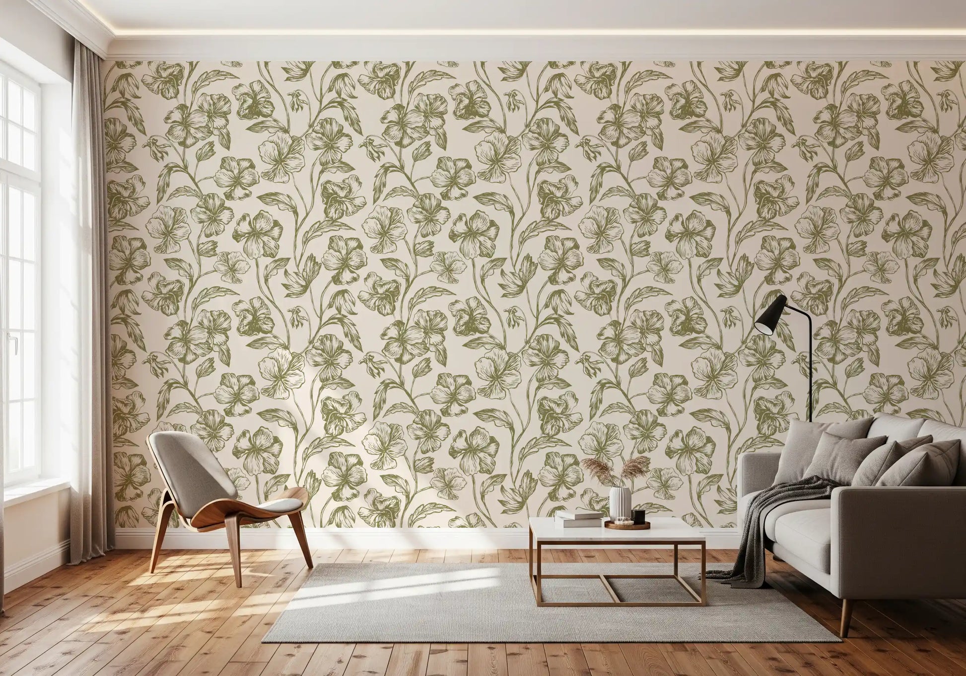 Vintage Botanical Line Art Floral Wallpaper⁠