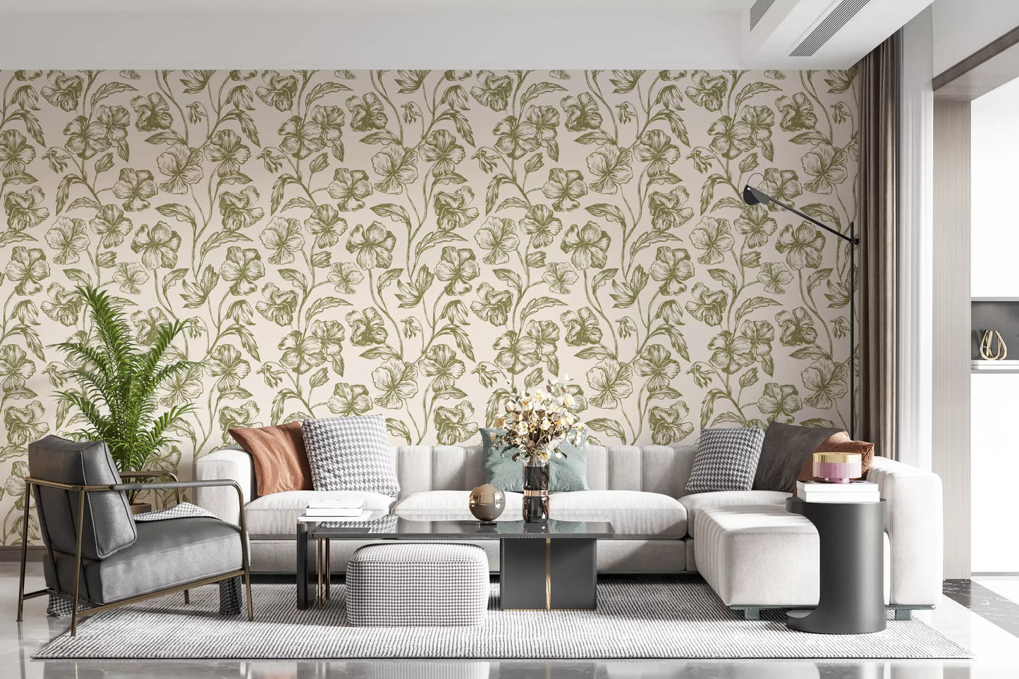 Vintage Botanical Line Art Floral Wallpaper⁠