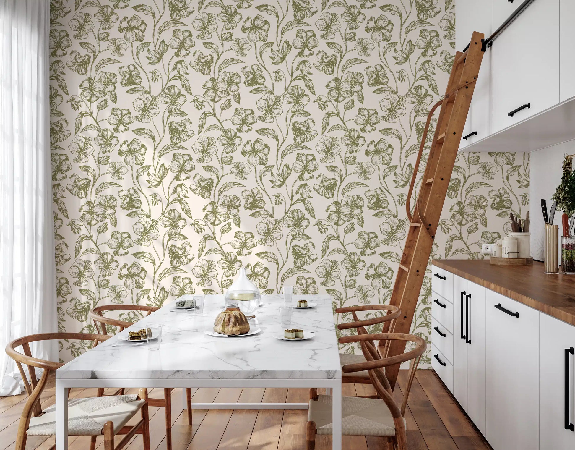 Vintage Botanical Line Art Floral Wallpaper⁠