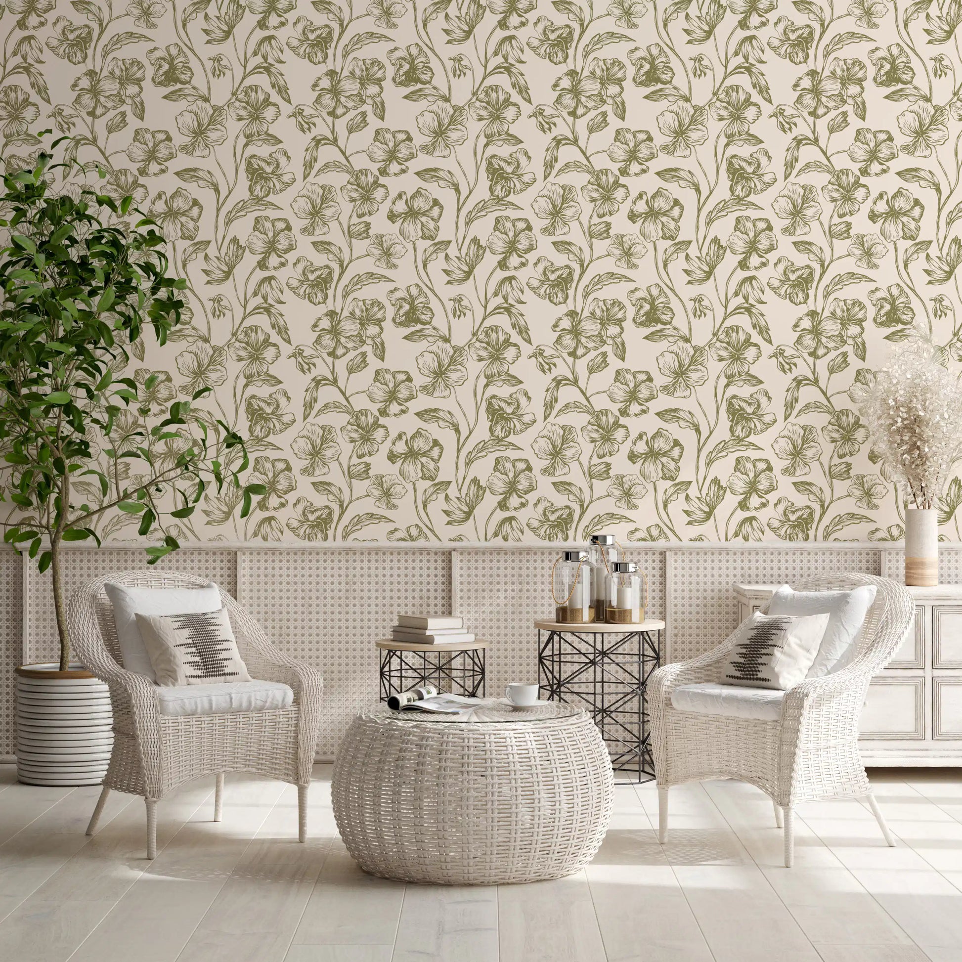 Vintage Botanical Line Art Floral Wallpaper⁠
