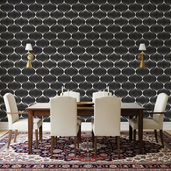 Black ogee shapes with fine white lines on geometric wallpaper for dining room GD11587