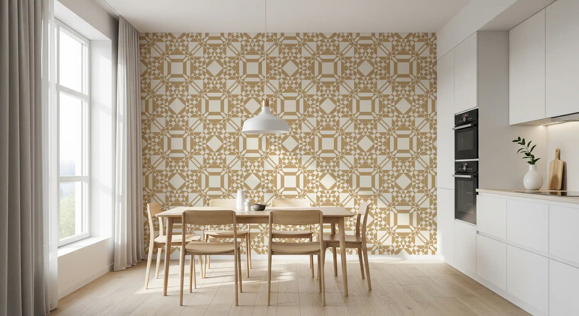 Golden interlocking geometric shapes on a cream pattern wallpaper in dining room GD11590