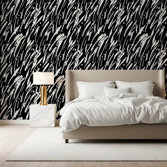 White diagonal brushstrokes on a black abstract wallpaper for bedroom GD11594
