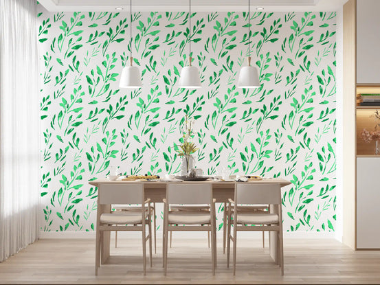 Green leaves and slim stems wallpaper on a crisp white ground GD11596