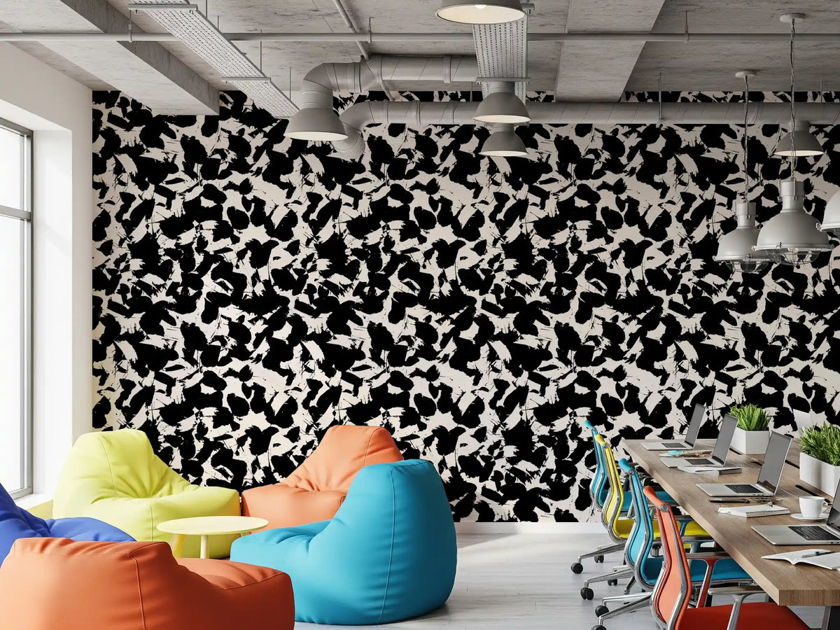 Bold black ink brushstrokes wallpaper on a soft cream ground for office GD11597