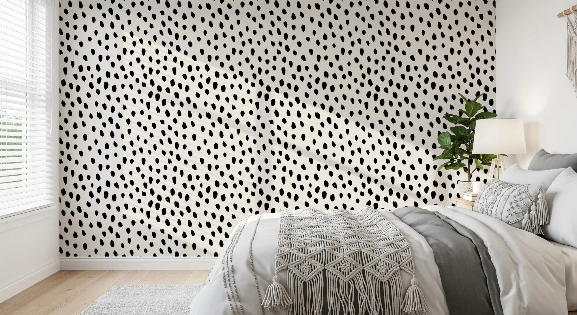 Black painted dots scattered across cream pattern wallpaper for bedroom GD11598
