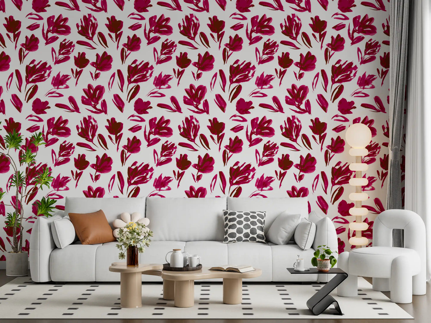 Vibrant Fuchsia Brushstroke Floral Wallpaper⁠