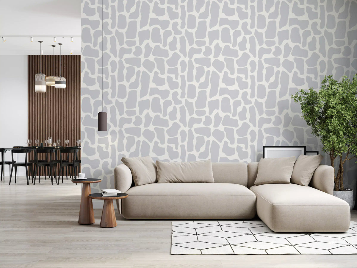 Stone mosaic wallpaper with soft grey shapes on a creamy ground in living room GD11604