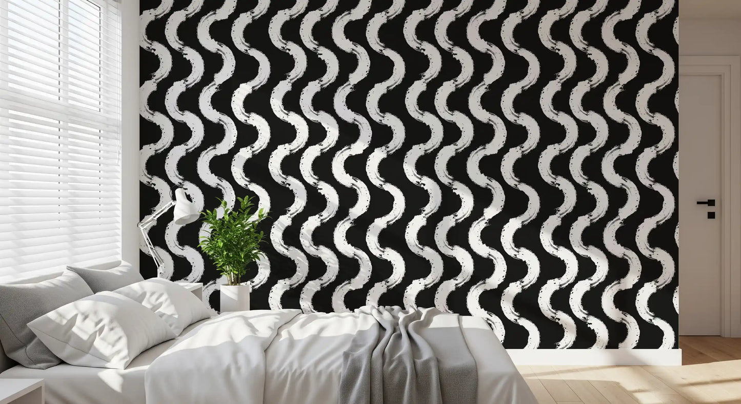 Monochrome Wavy Brushstroke Rhythm Wallpaper⁠