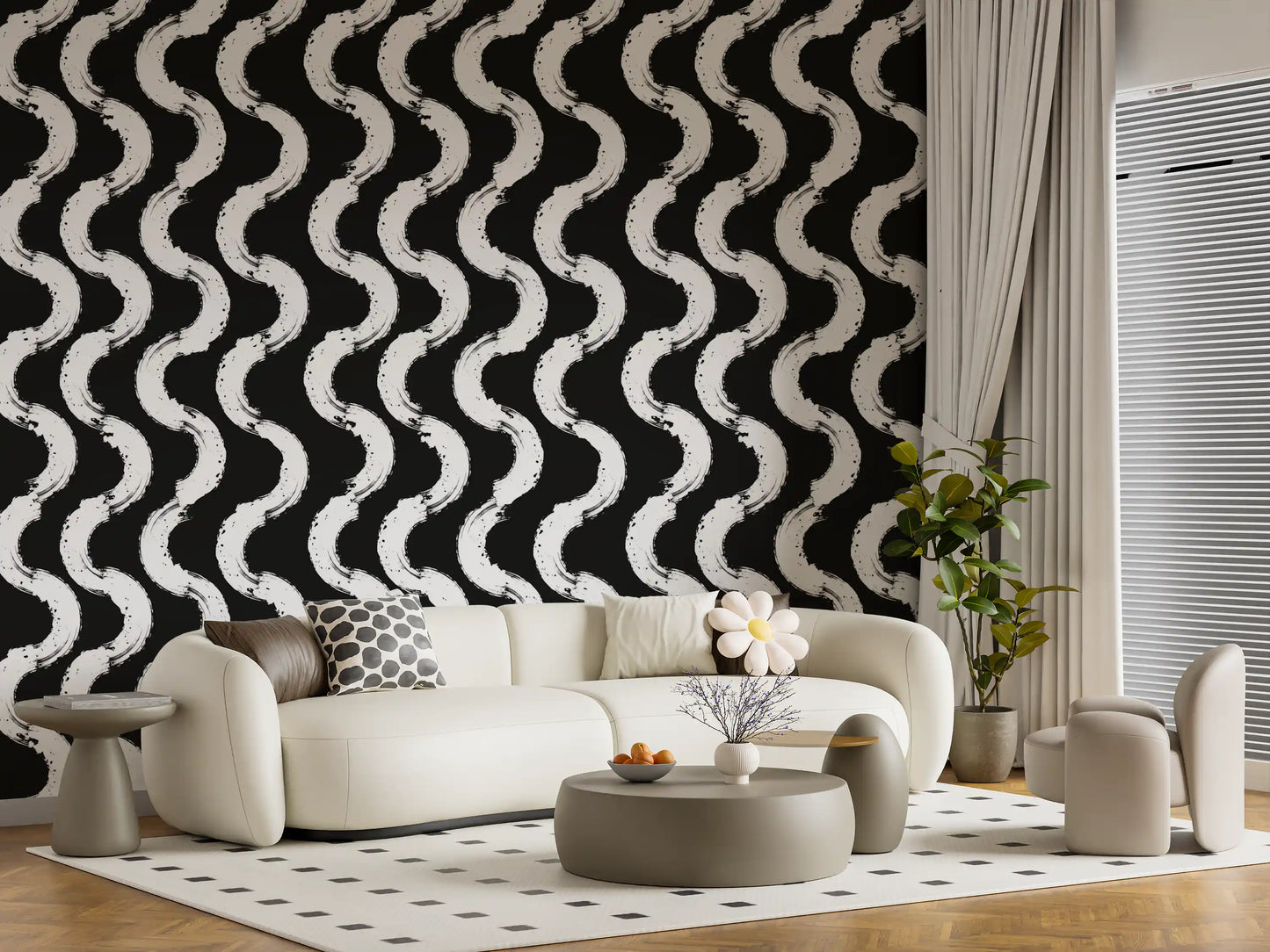 Monochrome Wavy Brushstroke Rhythm Wallpaper⁠