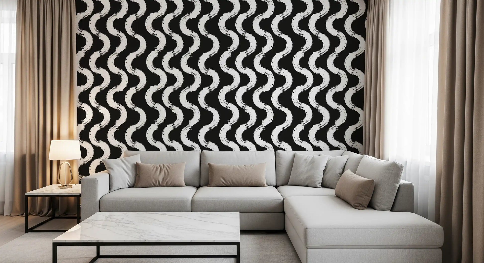 Monochrome Wavy Brushstroke Rhythm Wallpaper⁠