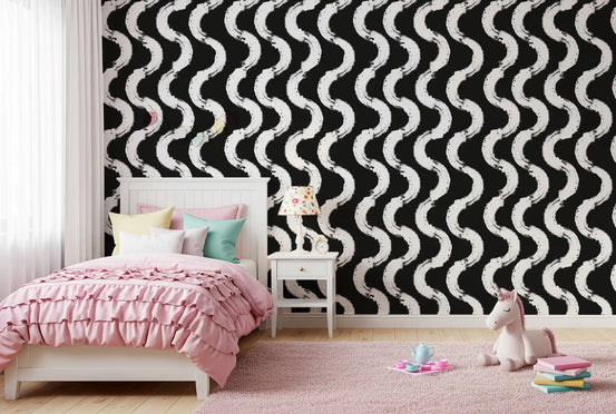 Monochrome Wavy Brushstroke Rhythm Wallpaper⁠