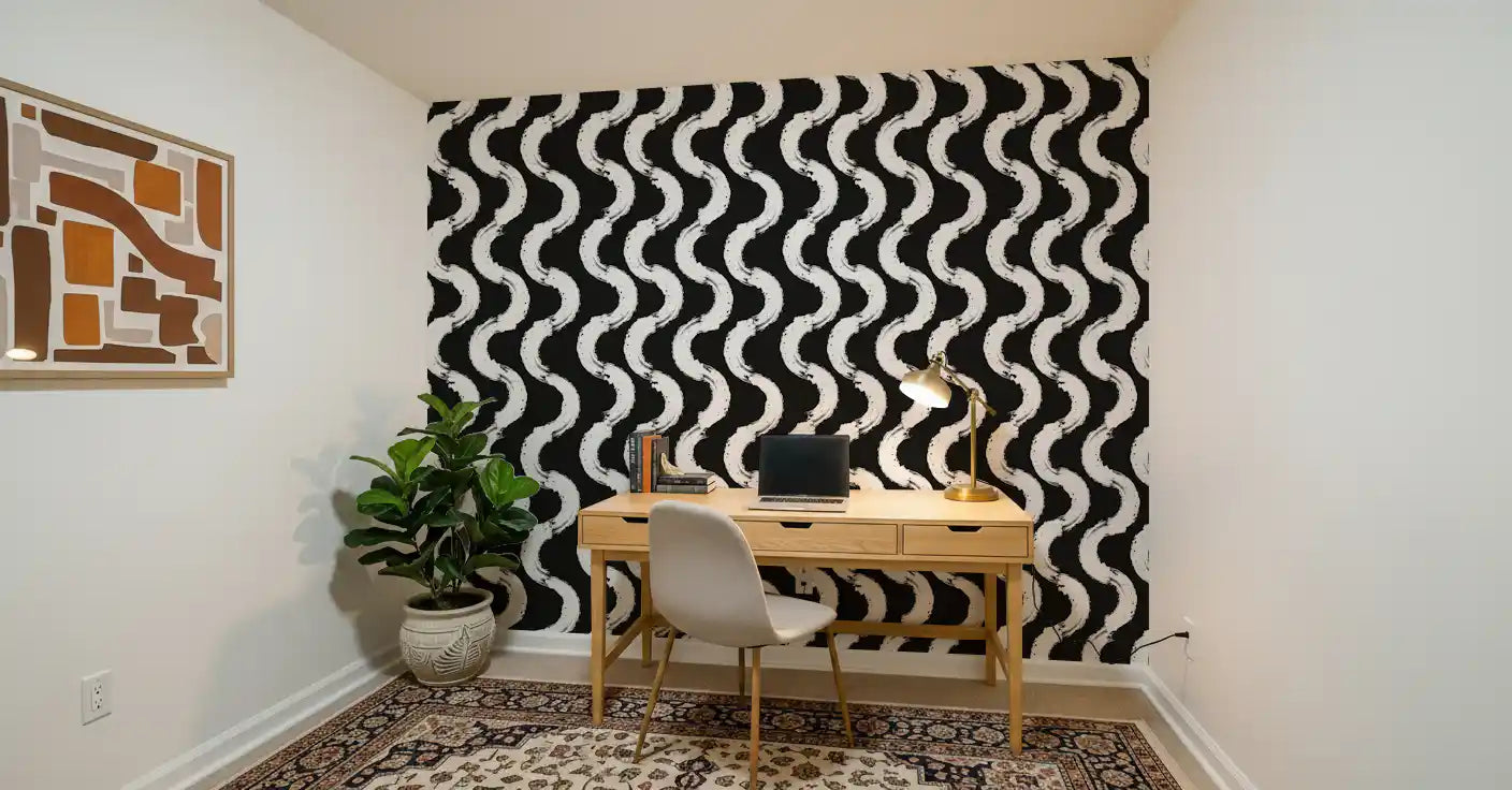 Monochrome Wavy Brushstroke Rhythm Wallpaper⁠