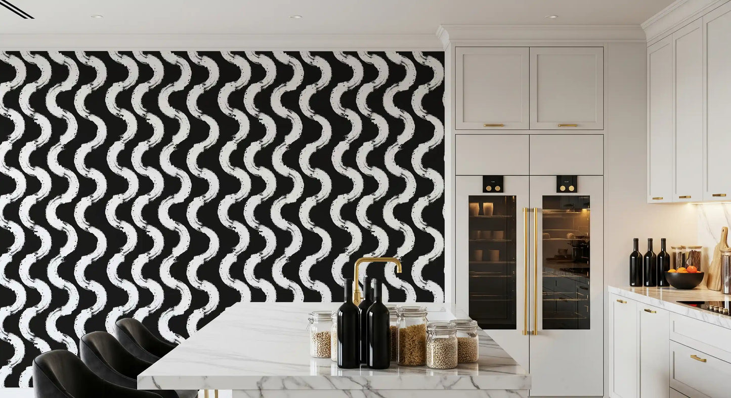 Monochrome Wavy Brushstroke Rhythm Wallpaper⁠