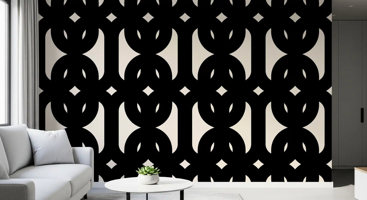 Modern wallpaper with black interlocking shapes on a cream ground GD11609