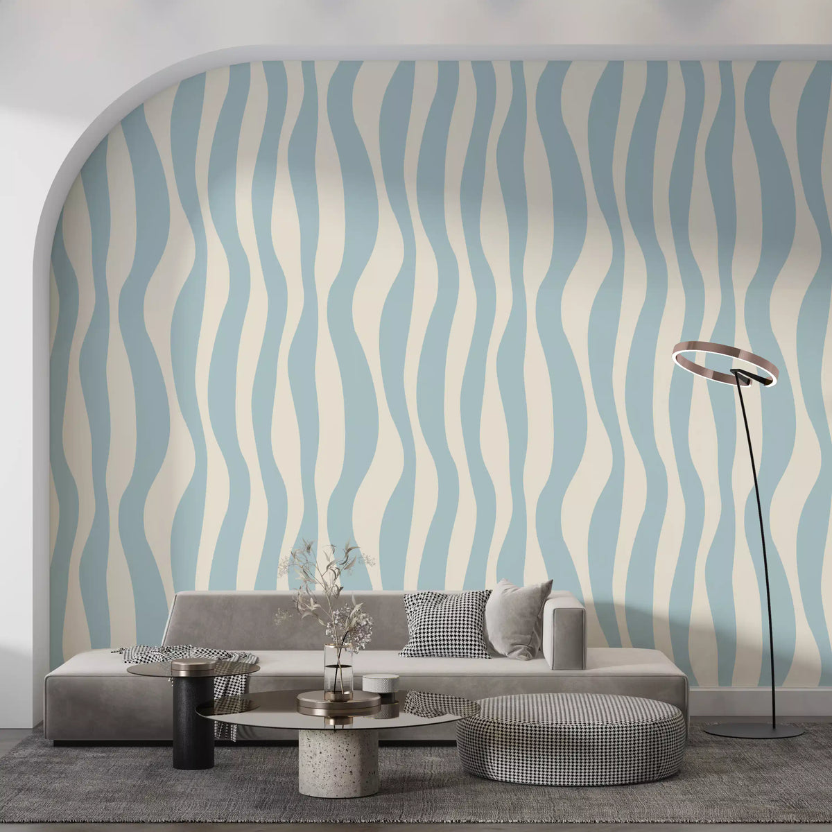 Abstract wallpaper with soft wavy vertical bands in cream and blue for living area GD11611