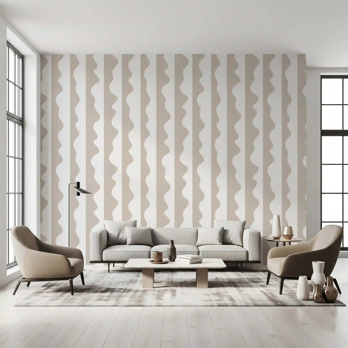 Minimalist soft wave stripes wallpaper in beige on a white ground for living room GD11614