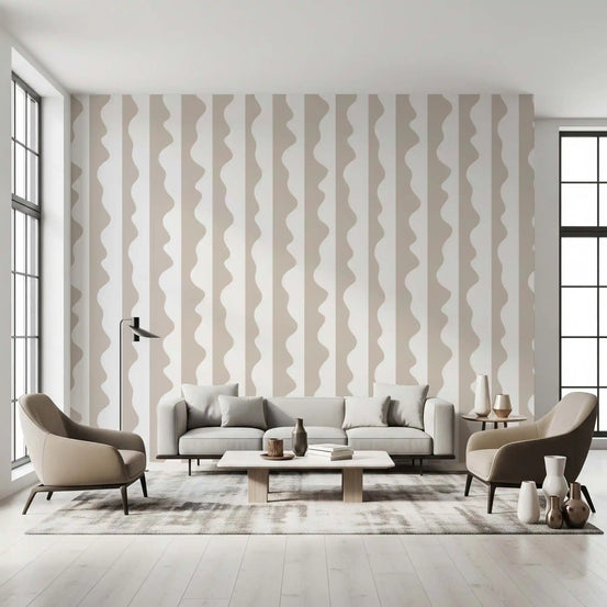 Minimalist soft wave stripes wallpaper in beige on a white ground for living room GD11614
