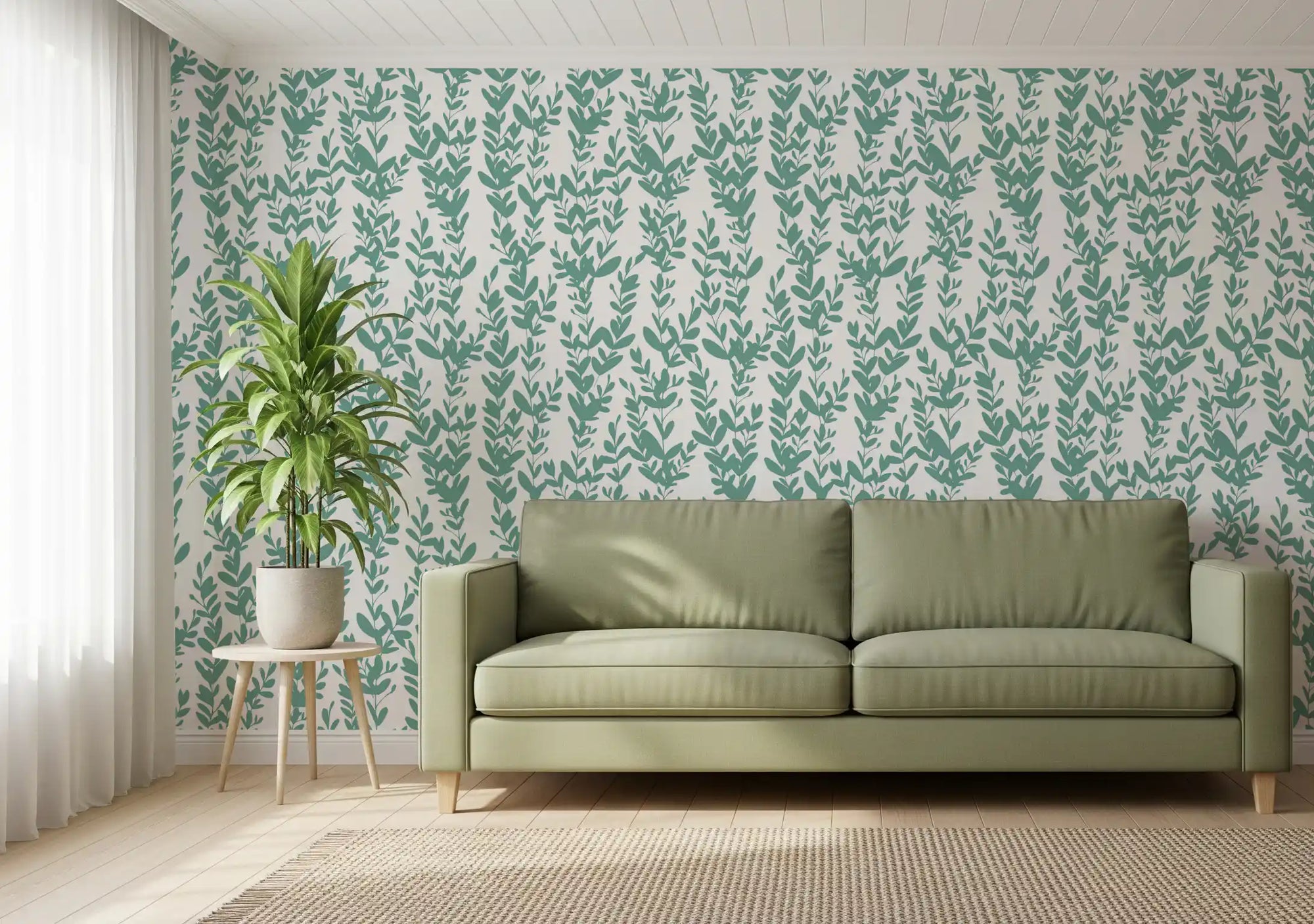 Minimalist sage botanical vines wallpaper on a crisp white ground GD11616