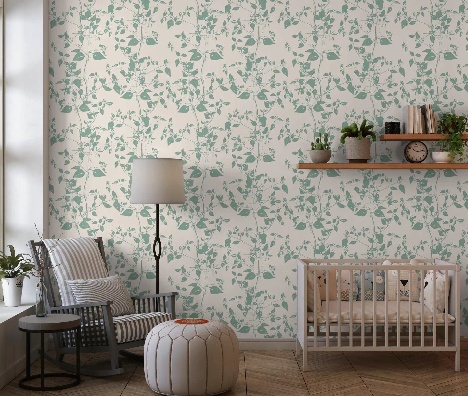 Cream and Sage Leaf Sketch Wallpaper⁠