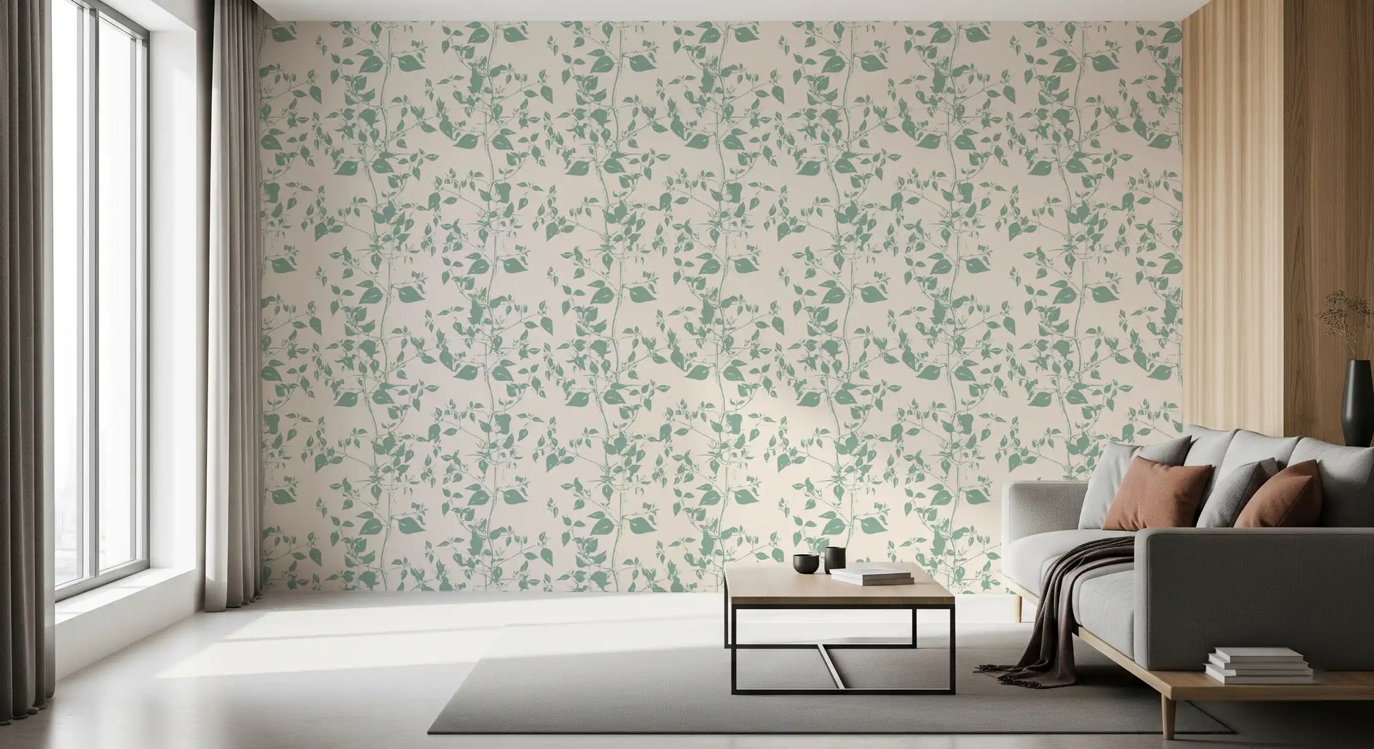 Cream and Sage Leaf Sketch Wallpaper⁠